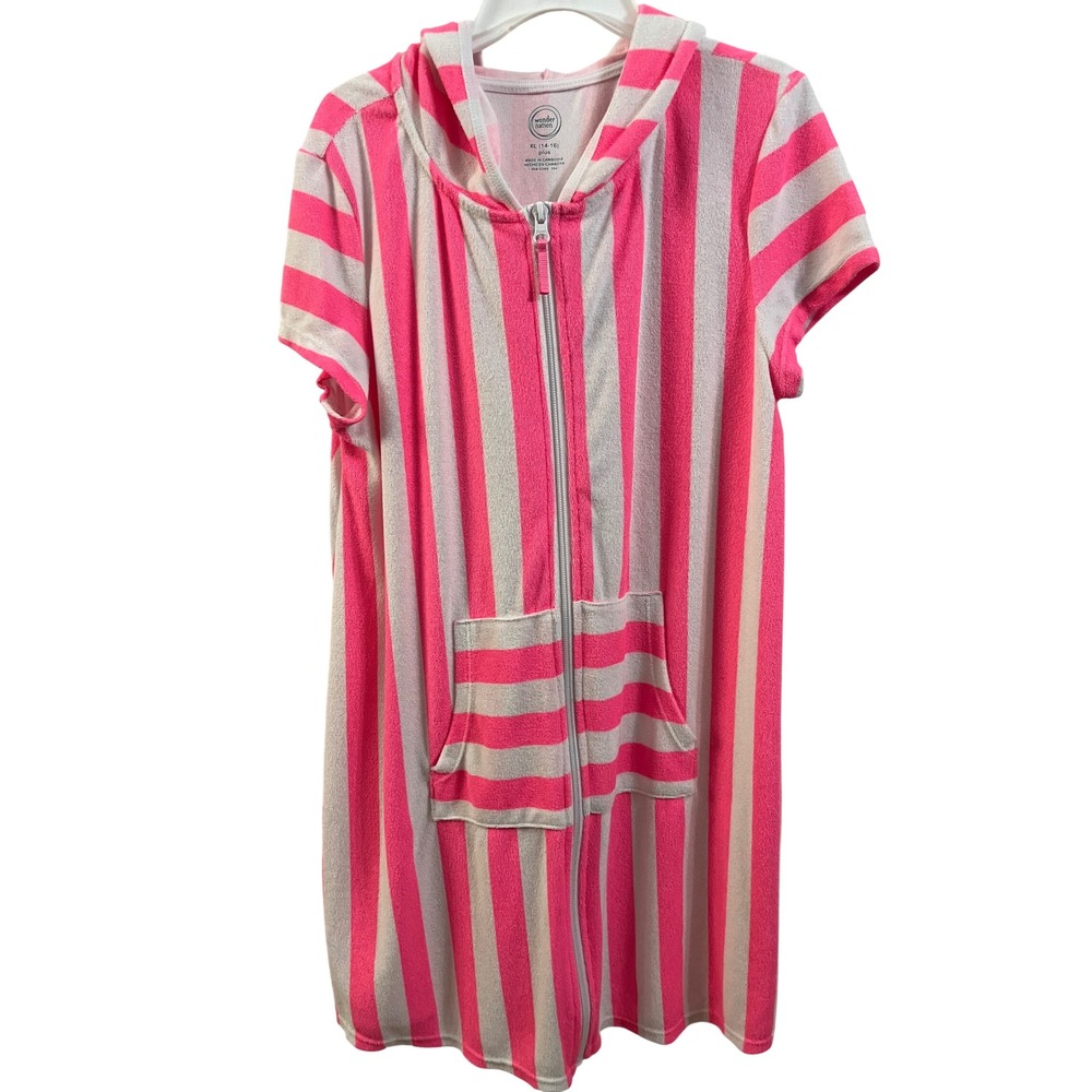 Wonder Nation Girls XL 14-16 Plus Pink White Striped Terry Swim Cover Up‎ Hooded